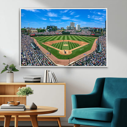 Wrigley Field Baseball Stadium Canvas Wall Art, Packed Crowd Sports Stadium Print, City Skyline Baseball Field Canvas for Game Room Decor