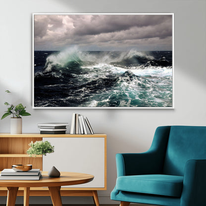 Powerful ocean waves crashing under stormy skies, creating a dynamic and intense seascape.