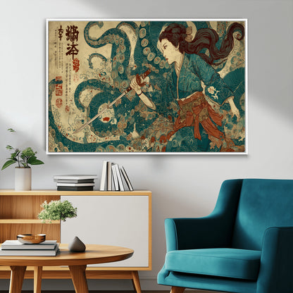 Tsukioka Yoshitoshi Samurai Wall Art Print, Japanese Katana Warrior Canvas Wall Art, Octopus Sea Monster Canvas Print,