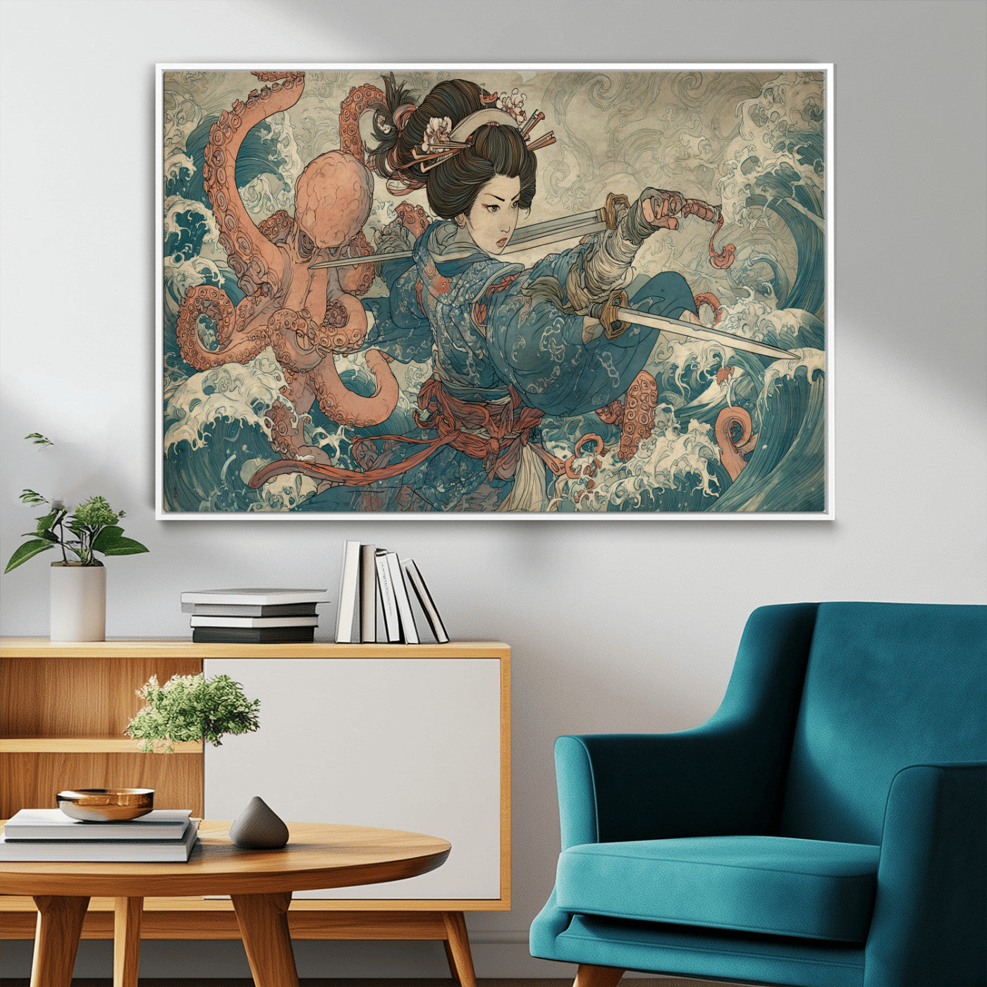 Tsukioka Yoshitoshi Samurai Wall Art Print, Japanese Katana Warrior Canvas Wall Art, Octopus Sea Monster Canvas Print,