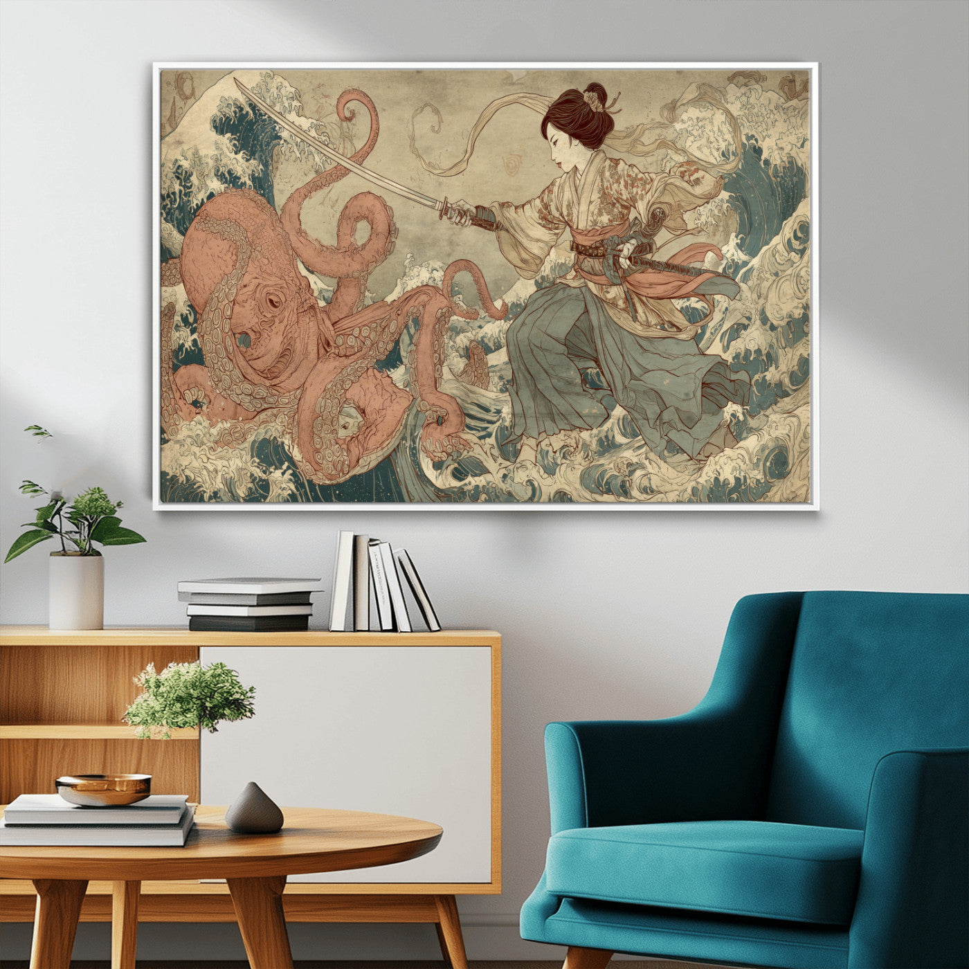Tsukioka Yoshitoshi Samurai Wall Art Print, Japanese Katana Warrior Canvas Wall Art, Octopus Sea Monster Canvas Print,