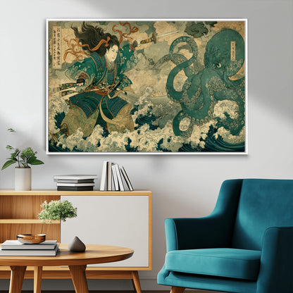 Tsukioka Yoshitoshi Samurai Wall Art Print, Japanese Katana Warrior Canvas Wall Art, Octopus Sea Monster Canvas Print,
