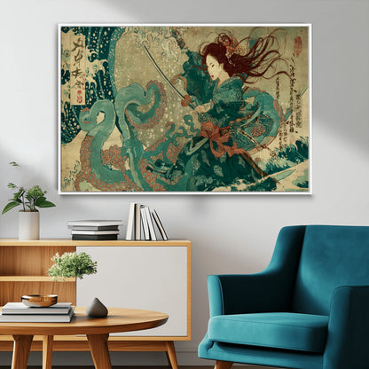 Tsukioka Yoshitoshi Samurai Wall Art Print, Japanese Katana Warrior Canvas Wall Art, Octopus Sea Monster Canvas Print,