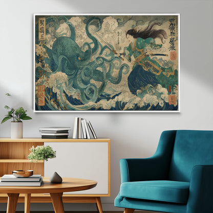 Tsukioka Yoshitoshi Samurai Wall Art Print, Japanese Katana Warrior Canvas Wall Art, Octopus Sea Monster Canvas Print,