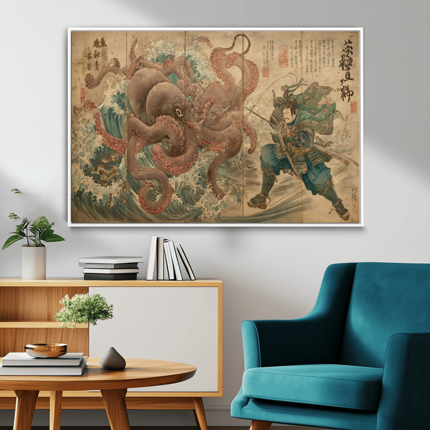 Tsukioka Yoshitoshi Samurai Wall Art Print, Japanese Katana Warrior Canvas Wall Art, Octopus Sea Monster Canvas Print,