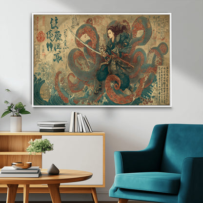 Tsukioka Yoshitoshi Samurai Wall Art Print, Japanese Katana Warrior Canvas Wall Art, Octopus Sea Monster Canvas Print,