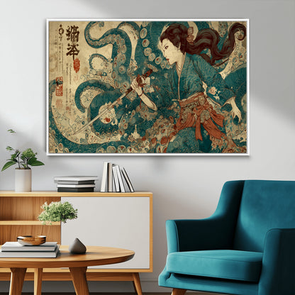 Tsukioka Yoshitoshi Samurai Wall Art Print, Japanese Katana Warrior Canvas Wall Art, Octopus Sea Monster Canvas Print,