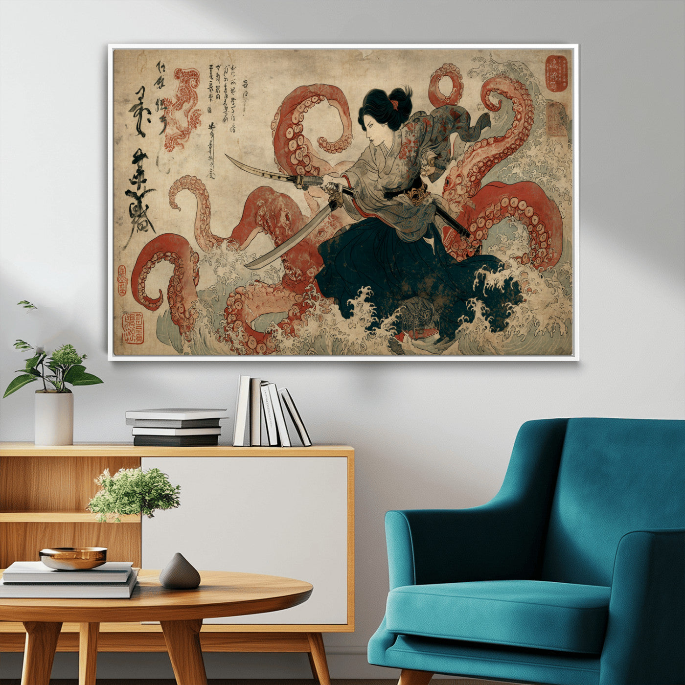 Tsukioka Yoshitoshi Samurai Wall Art Print, Japanese Katana Warrior Canvas Wall Art, Octopus Sea Monster Canvas Print,
