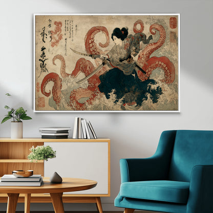 Tsukioka Yoshitoshi Samurai Wall Art Print, Japanese Katana Warrior Canvas Wall Art, Octopus Sea Monster Canvas Print,