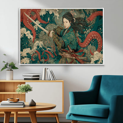 Tsukioka Yoshitoshi Samurai Wall Art Print, Japanese Katana Warrior Canvas Wall Art, Octopus Sea Monster Canvas Print,