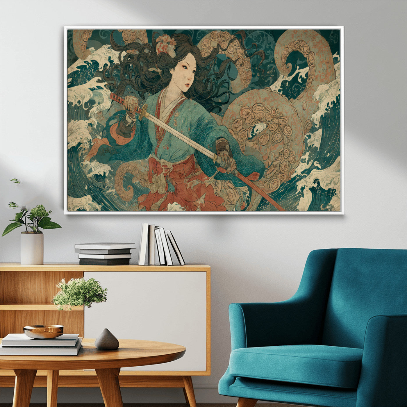 Tsukioka Yoshitoshi Samurai Wall Art Print, Japanese Katana Warrior Canvas Wall Art, Octopus Sea Monster Canvas Print,
