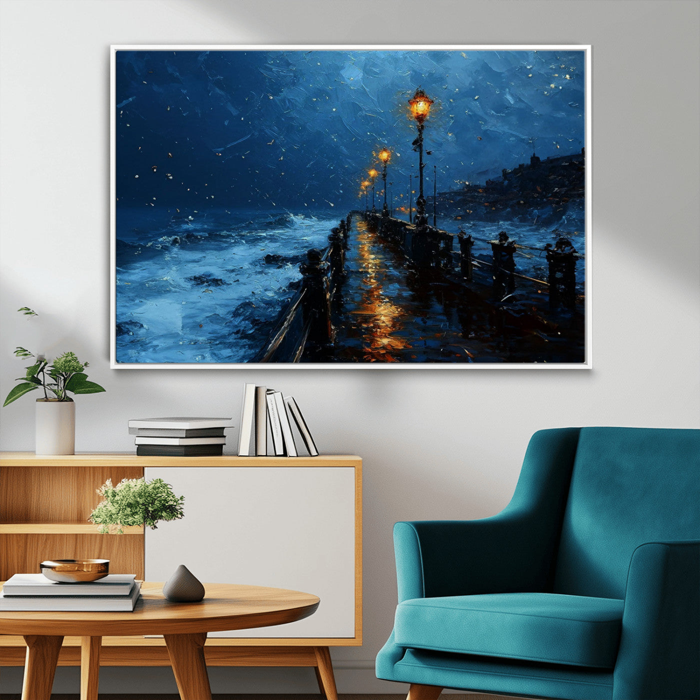 "Impressionistic painting of a rainy pier at night with glowing street lamps reflecting on the wet surface, ocean waves crashing under a dark blue sky."