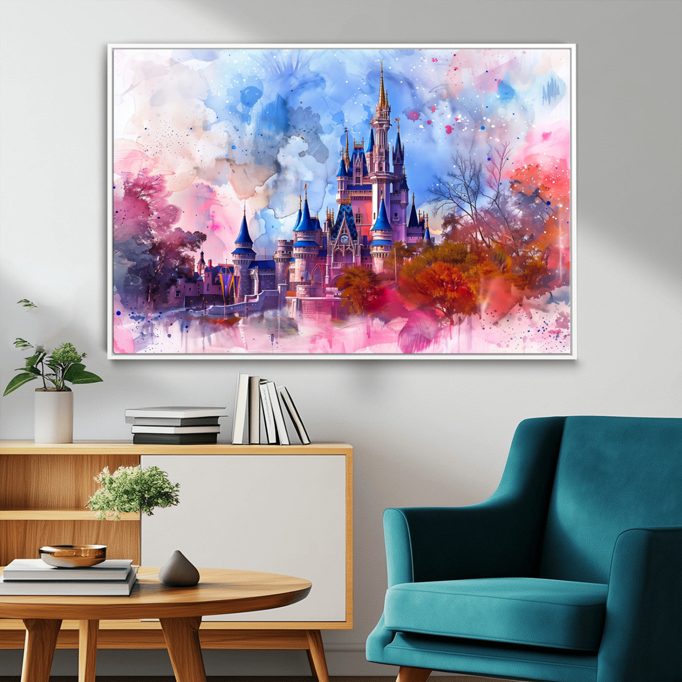 Watercolor canvas of a dreamy Disney-style castle in pastel pink and blue tones, perfect for fairytale or whimsical home decor.