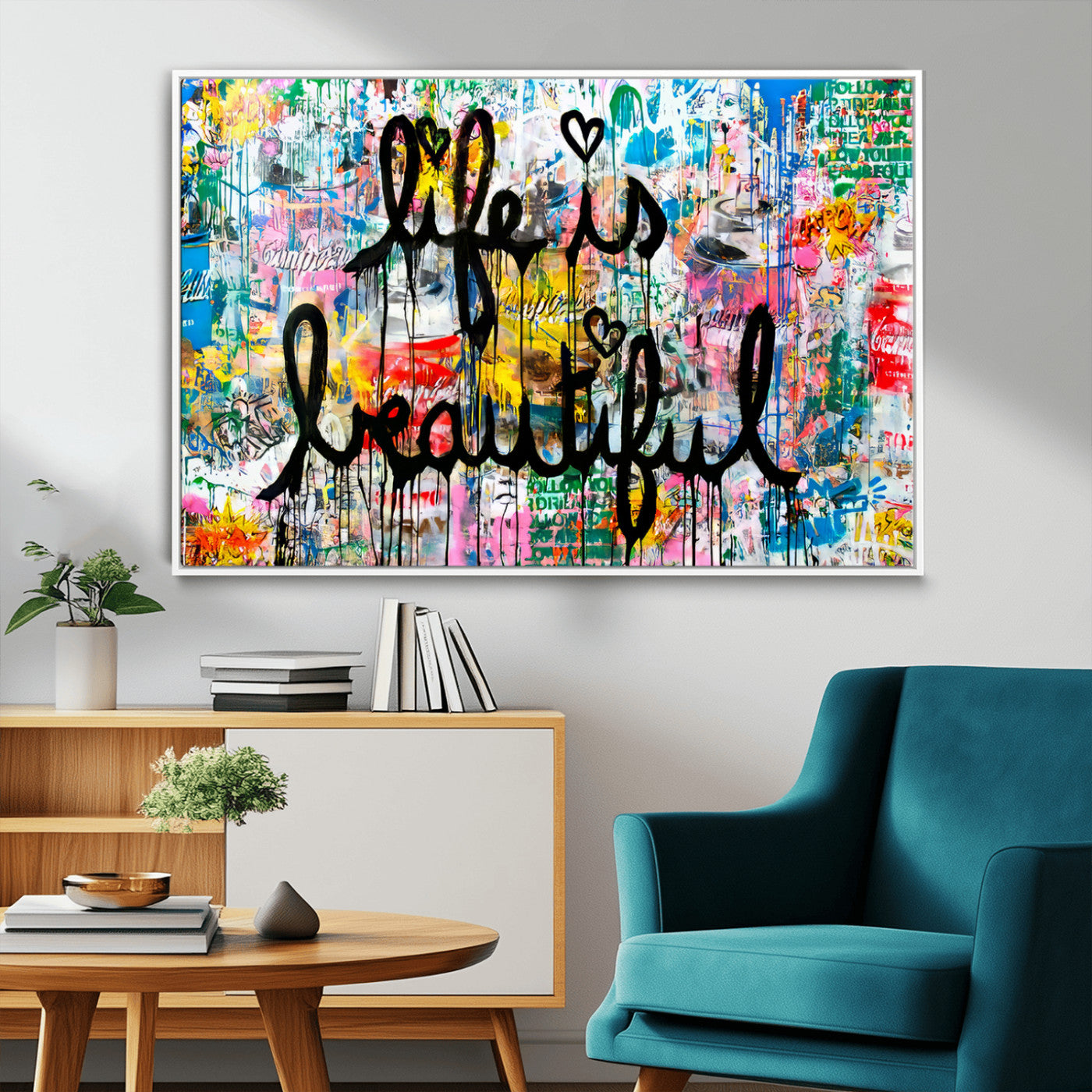 Colorful urban-style canvas with graffiti text “Life is Beautiful” in black paint, ideal for bold or street-themed home decor.