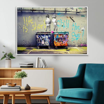 Graffiti-style canvas art with bold text and two naked figures over urban dumpsters, ideal for edgy or street-style decor.