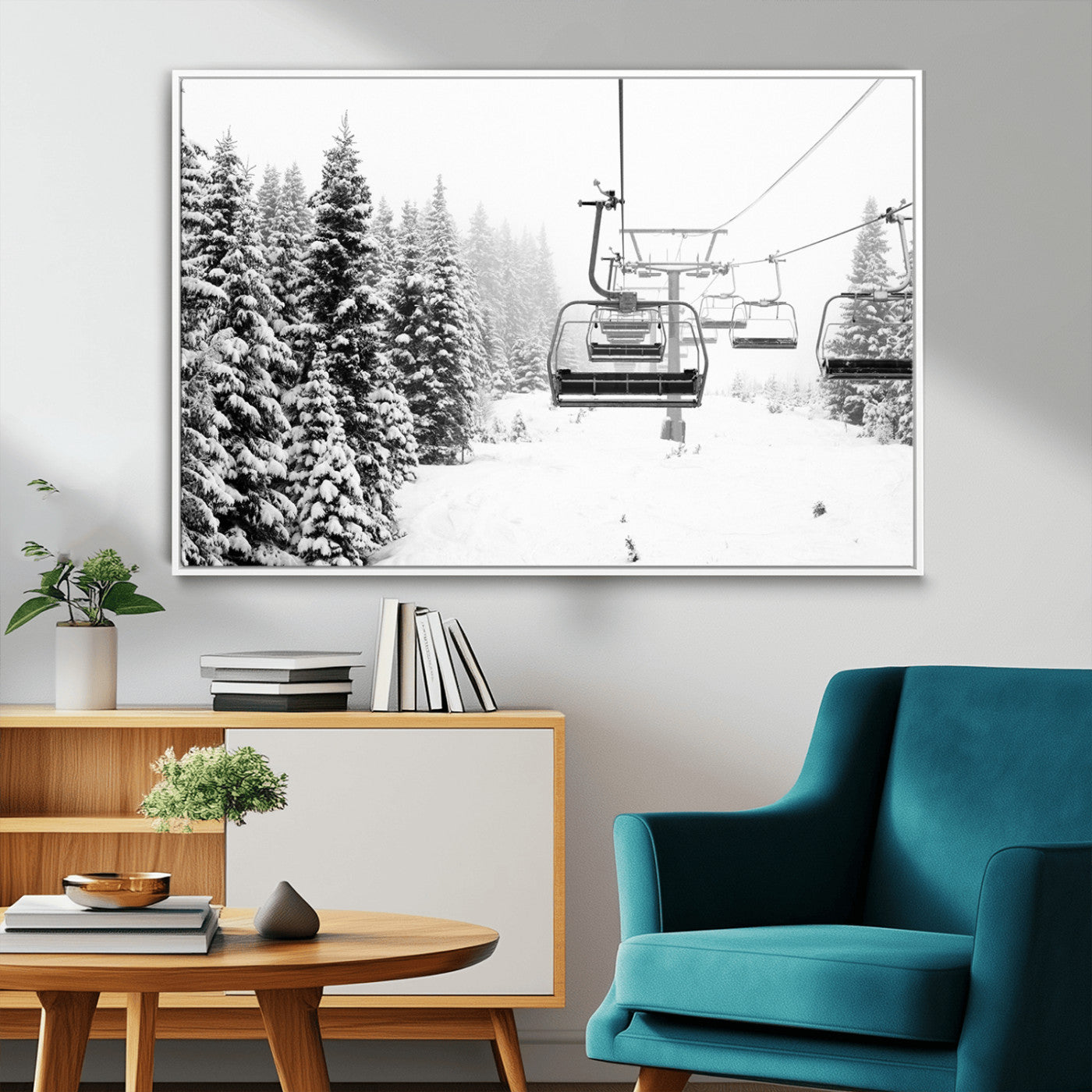 Black and white canvas of empty ski lifts over a snowy pine forest, perfect for minimal winter or ski lodge-inspired decor.