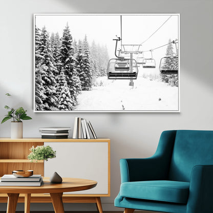 Black and white canvas of empty ski lifts over a snowy pine forest, perfect for minimal winter or ski lodge-inspired decor.