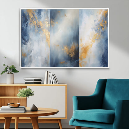 Abstract canvas art in soft blue and gold tones with textured brushstrokes, ideal for elegant or modern neutral decor spaces.