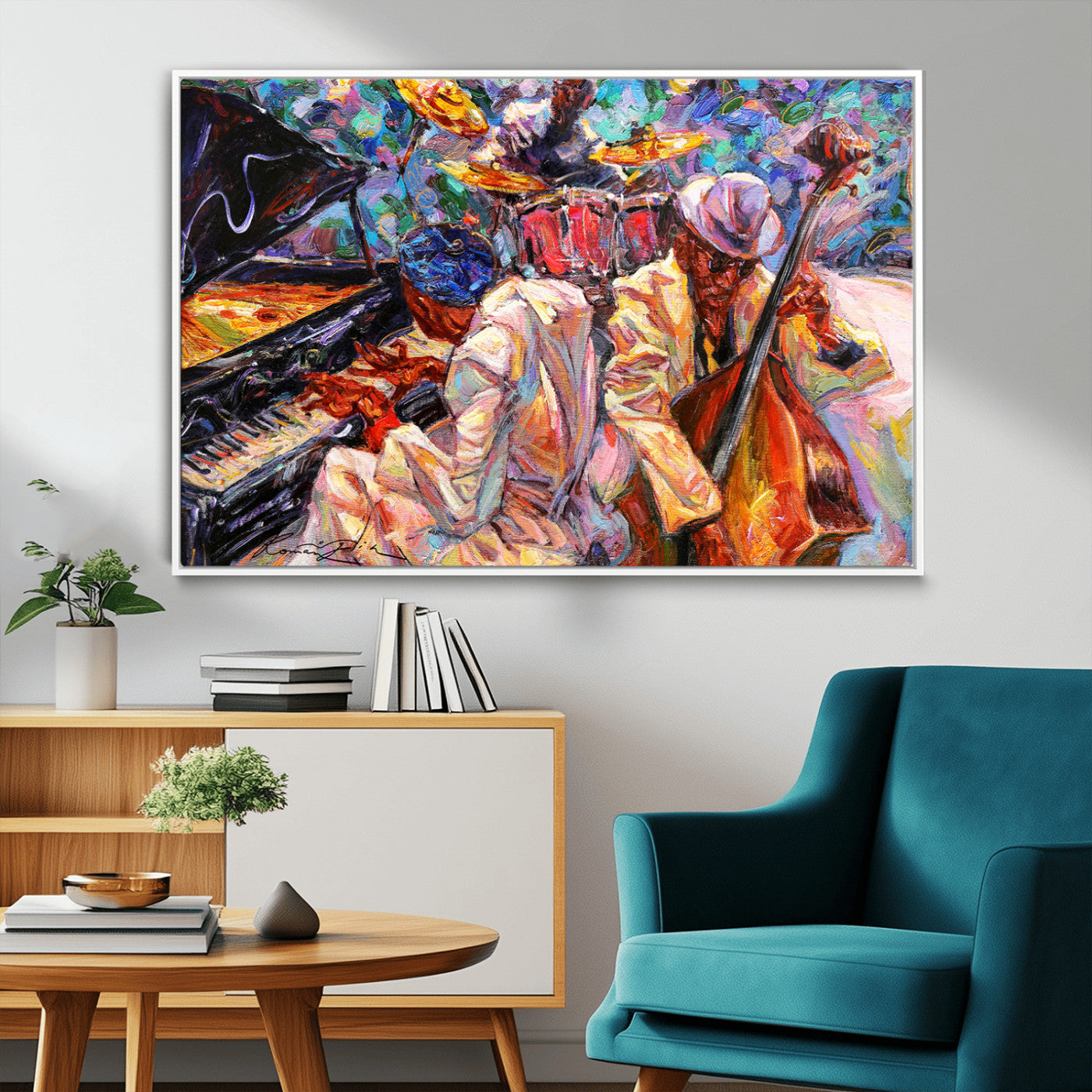 Vibrant oil painting of a jazz band with piano, saxophone, and bass, ideal for colorful and expressive music-themed home decor.