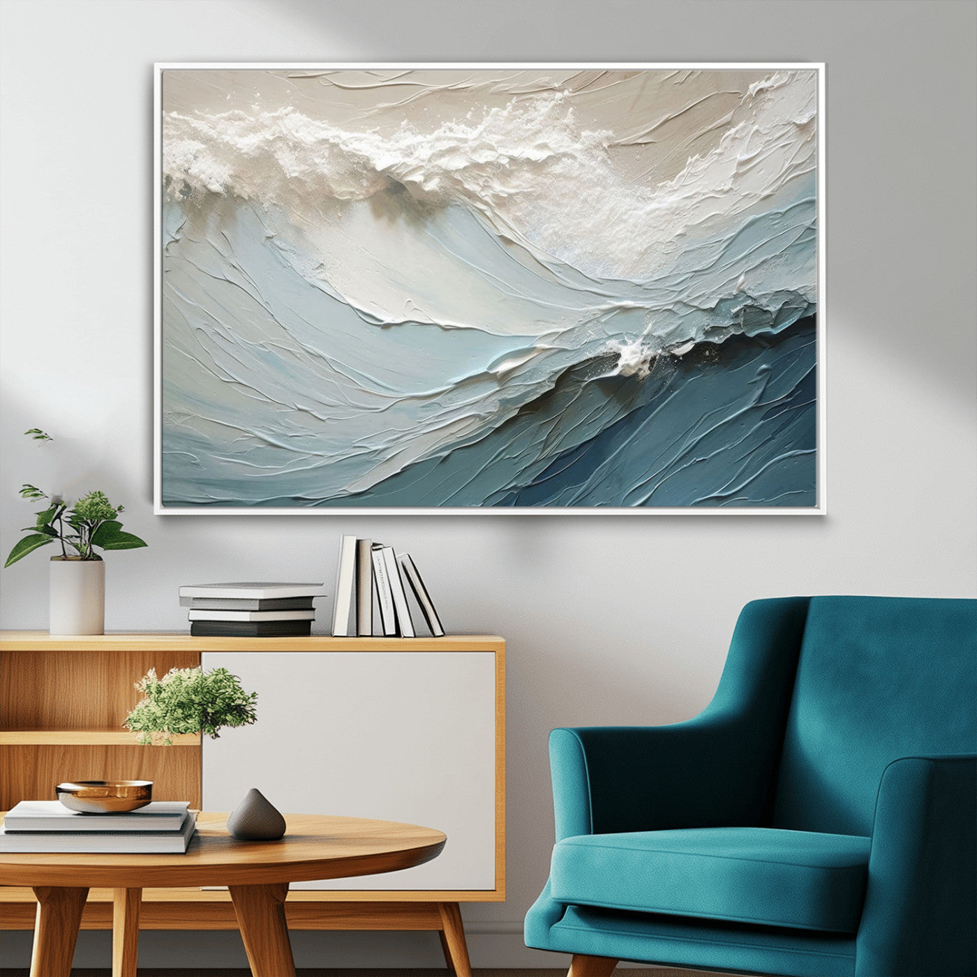 Textured canvas of ocean waves in soft coastal blues and creamy whites, ideal for modern or minimalist coastal-style interiors.