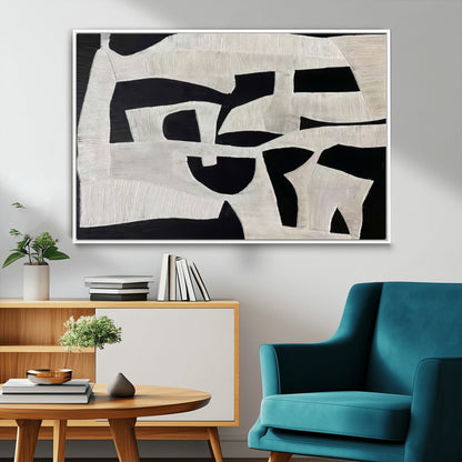 Minimalist black and white canvas featuring bold abstract textures and geometric shapes, ideal for modern neutral decor.