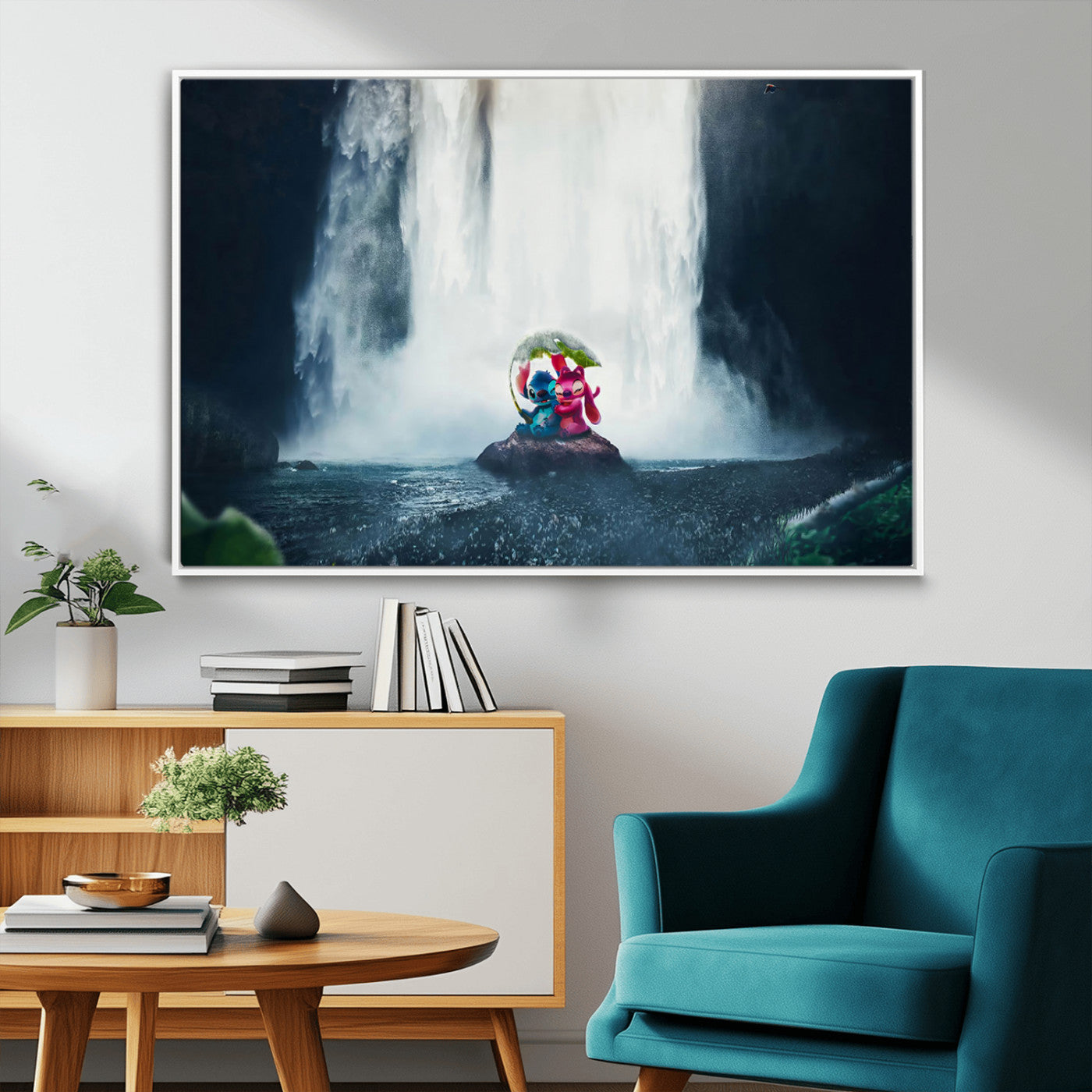 Fantasy canvas of Stitch and Angel under a leaf umbrella in front of a dramatic waterfall, perfect for moody jungle-themed or animated decor.