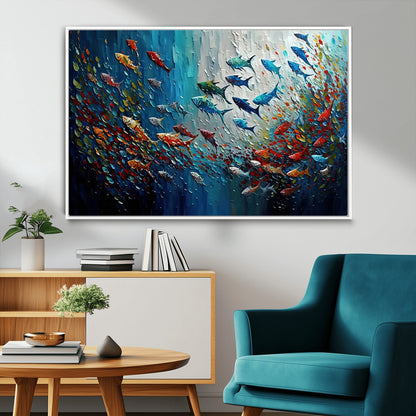 Colorful painting of fish swimming in abstract ocean swirls, perfect for vibrant marine-themed or expressive coastal home decor.
