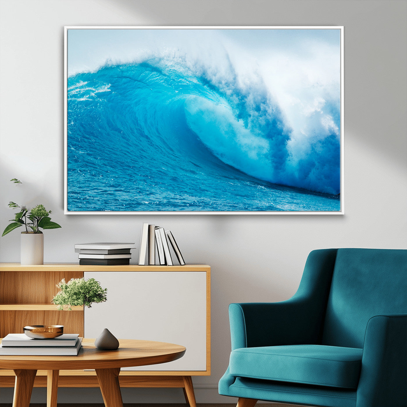 Vibrant canvas of a powerful curling ocean wave in tropical blue tones, perfect for coastal or surf-inspired decor settings.