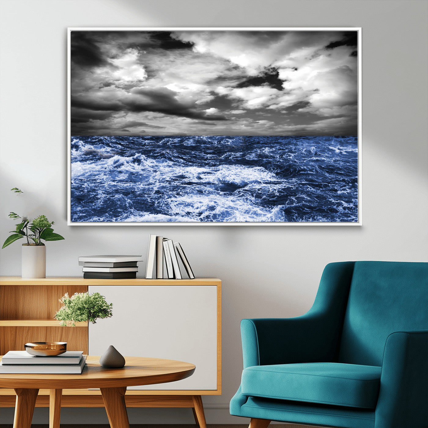 Moody canvas wall art of a stormy ocean under a dramatic black-and-white sky, perfect for bold or coastal-style interiors.
