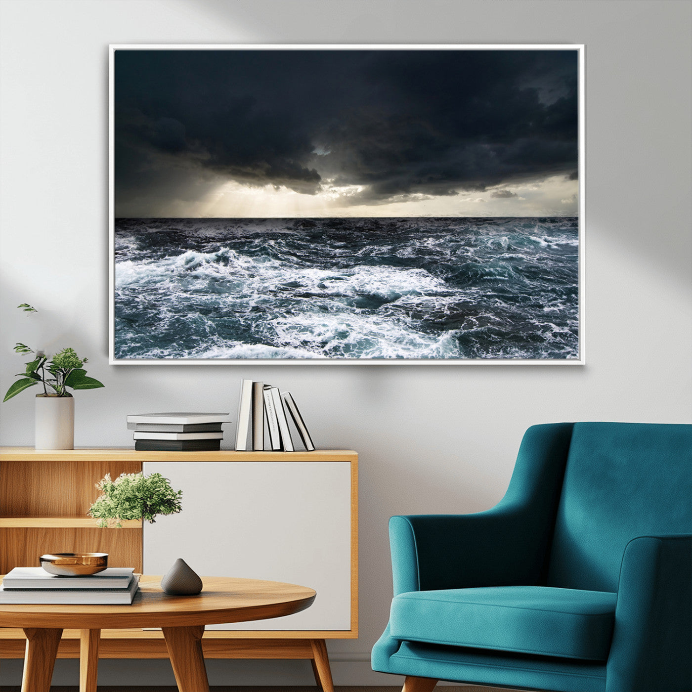 Moody ocean scene with stormy skies and crashing waves, perfect for dramatic or coastal-style home wall decor.