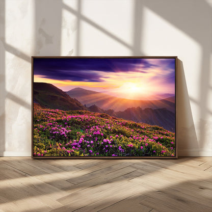 -Mountain Sunrise Wall Art – Vibrant Floral Landscape Canvas Print, Nature Home Decor for Living Room, Bedroom Office or Cabin