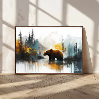 A majestic bear stands by the serene waters of a misty forest, surrounded by towering trees and distant mountains, evoking the raw beauty and wild spirit of nature.