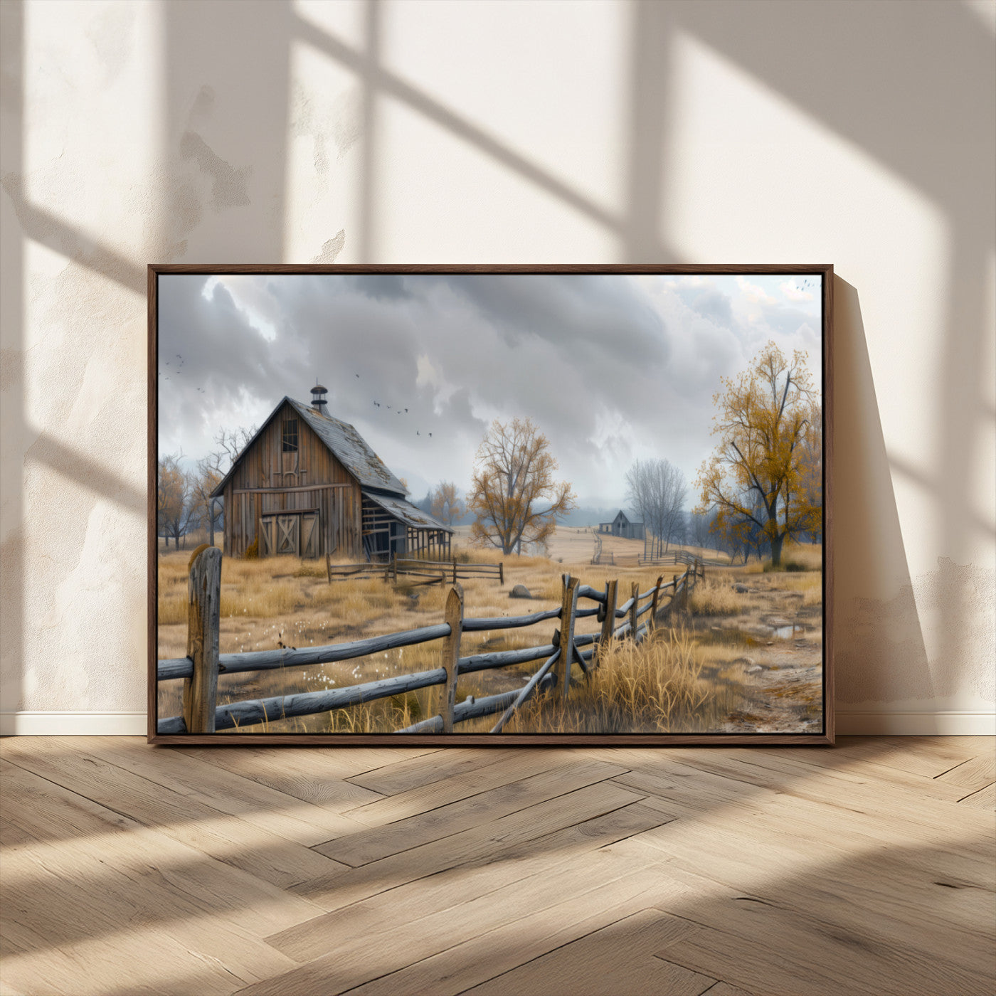 A tranquil rural scene featuring a rustic barn, overcast skies, and golden fields with scattered trees, evoking a sense of peaceful solitude in nature.
