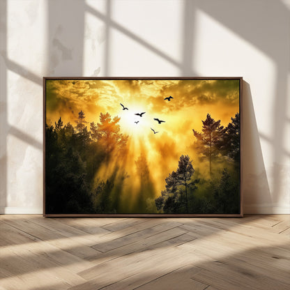 Canvas of a golden forest at sunset with birds flying through glowing sunbeams and silhouetted pine trees, ideal for warm-toned rustic decor.