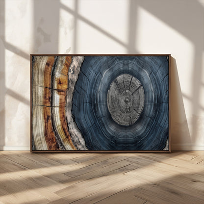 A stunning close-up of a tree trunk showing the intricate, circular growth rings, showcasing the natural textures and rich contrasts in deep blues, browns, and silvers.
