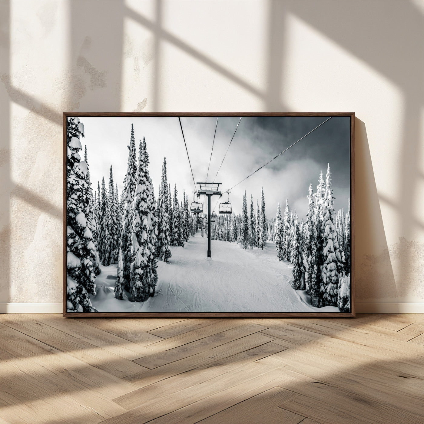 Canvas of a snowy ski lift scene through a forest of tall pine trees, ideal for moody winter or alpine-themed home decor.
