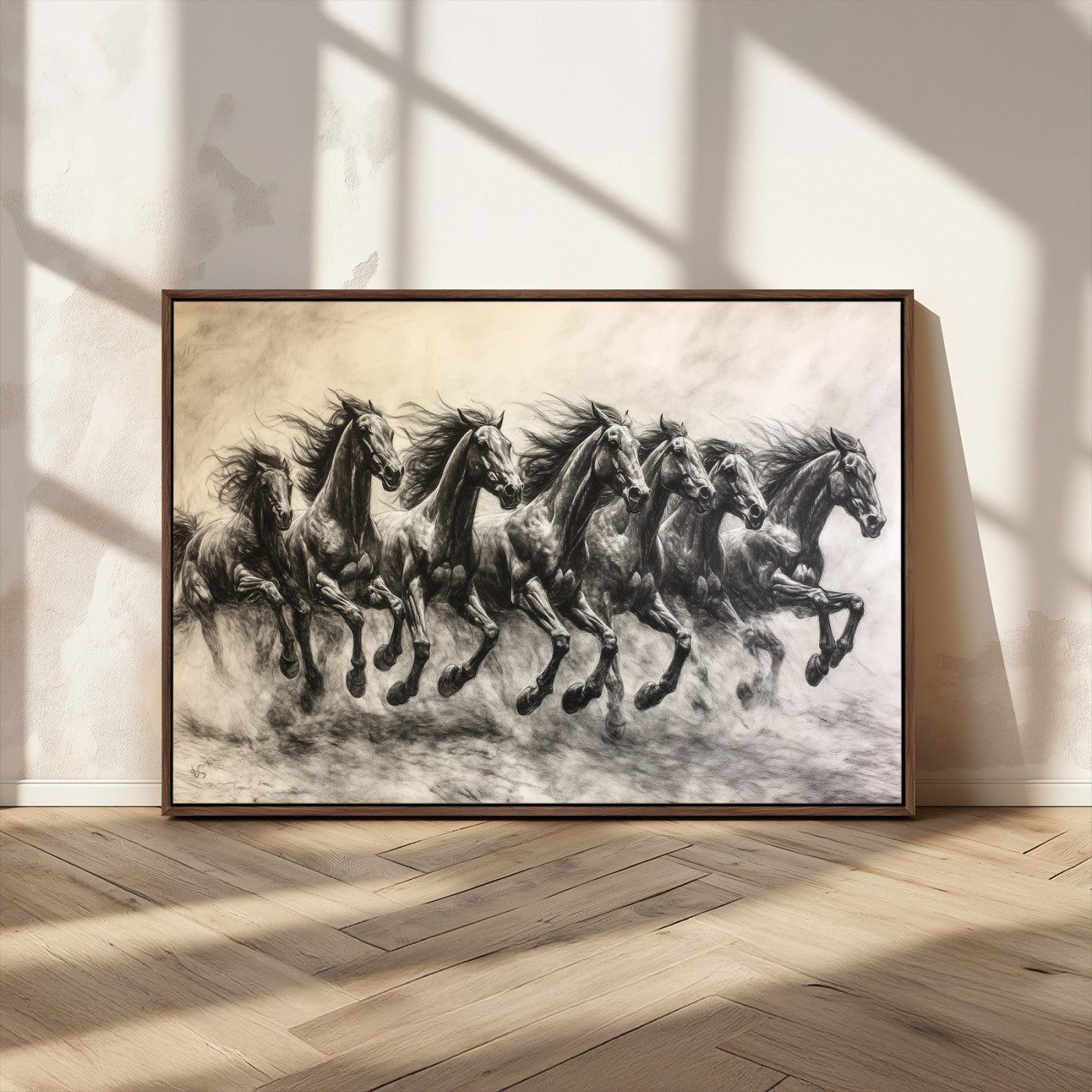 Monochrome drawing of a herd of galloping horses, perfect for dynamic and wild-themed decor in any equestrian or nature-inspired room.