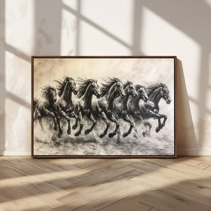 Monochrome drawing of a herd of galloping horses, perfect for dynamic and wild-themed decor in any equestrian or nature-inspired room.