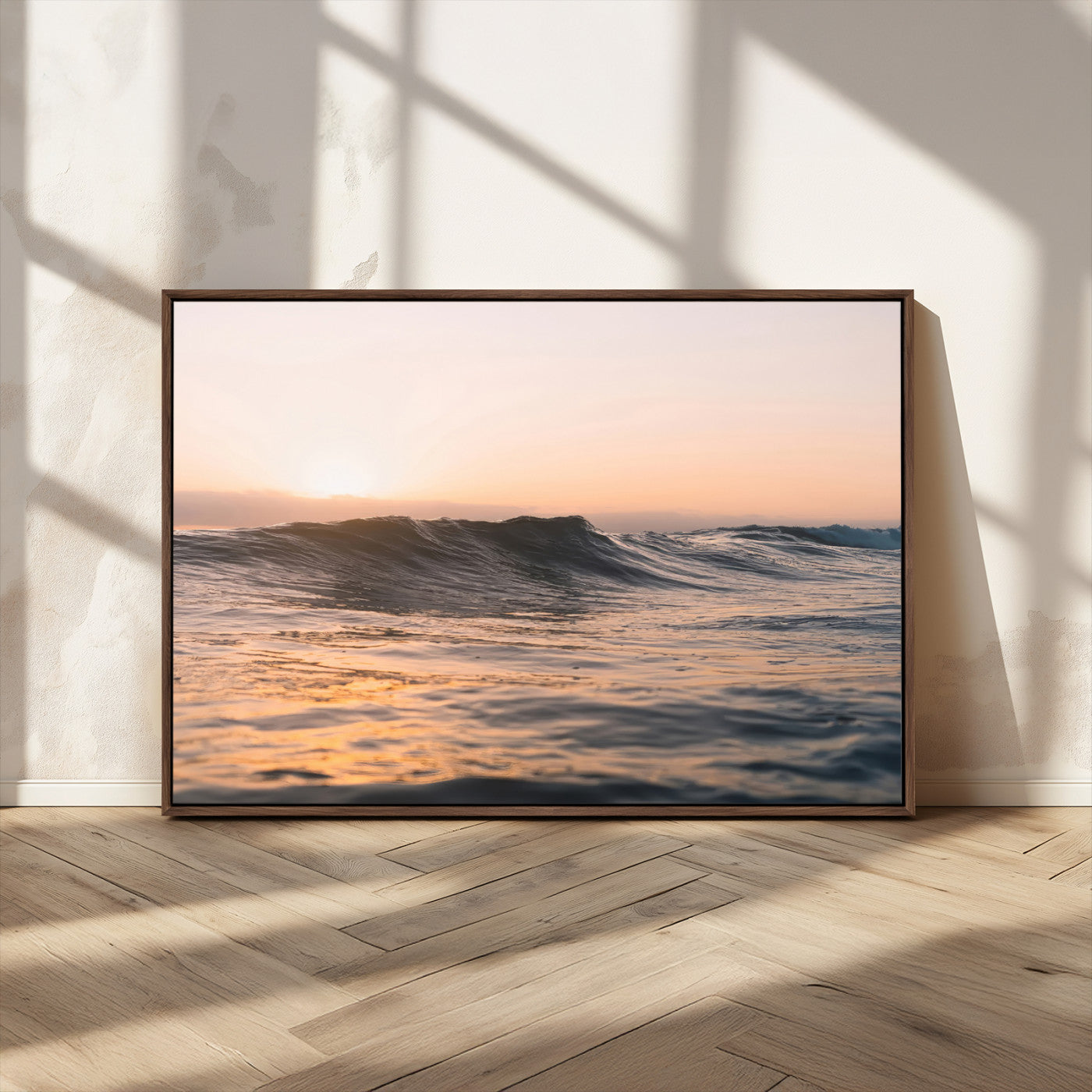 Framed canvas of ocean waves glowing in sunset light, ideal for golden hour calm or peaceful coastal-inspired wall decor.
