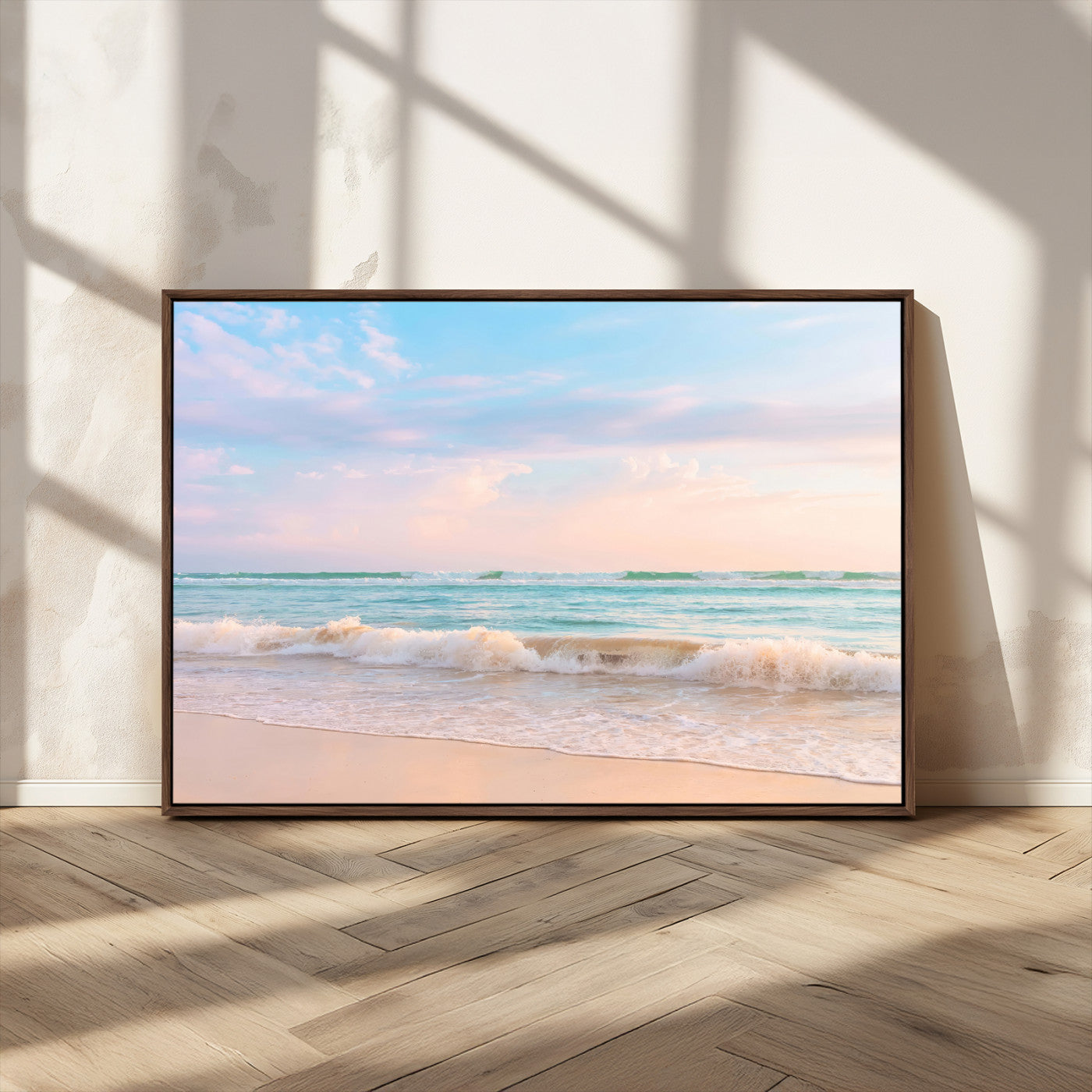 Pastel-toned ocean waves under soft sunset skies, ideal for pastel coastal or serene beach-style home decor.