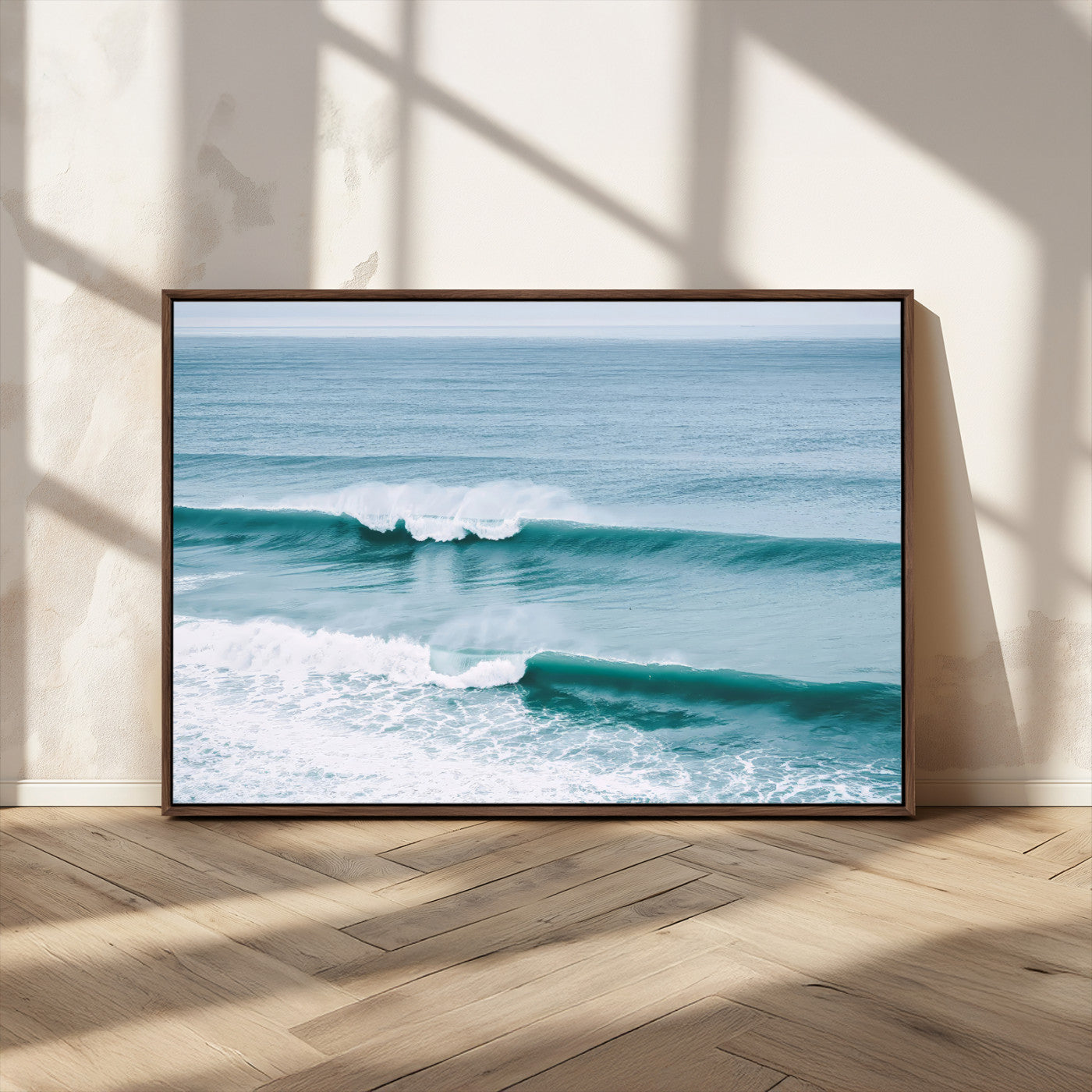 Powerful ocean waves rolling towards the shore, their turquoise hues blending with white sea foam under an open horizon, capturing the essence of the ocean's movement.