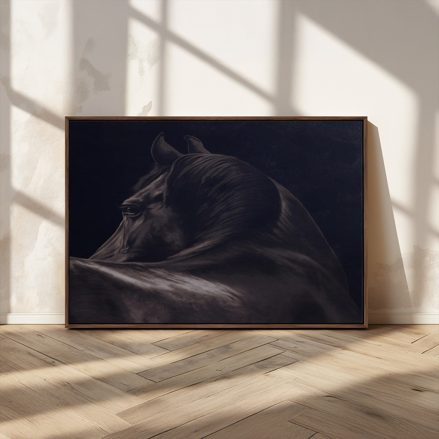 Close-up of a black horse with dramatic lighting on a dark background, perfect for rustic or masculine home decor.