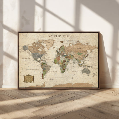 Custom Push Pin World Map Wall Canvas Print – Personalized Travel Tracker with Pins – Framed Custom Quotie Canvas for Home Office Decor