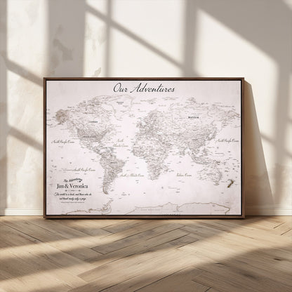 Customize Push Pin World Map Wall Canvas Print – Personalized Travel Map with Foam Pins – Framed Custom Quotie Canvas for Home Office Decor