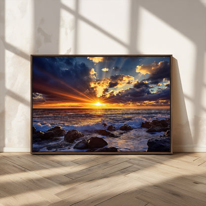 An explosive sunset over the ocean with dramatic clouds and rays of sunlight reflecting off the water, creating a vibrant and captivating view.