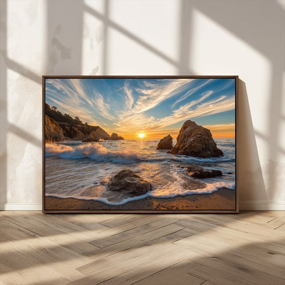 Rocky Ocean Sunset Wall Art Print, Seaside Canvas Wall Art, Dramatic Seascape Canvas Print for Coastal Modern Decor, Ocean Sunset Art Printing