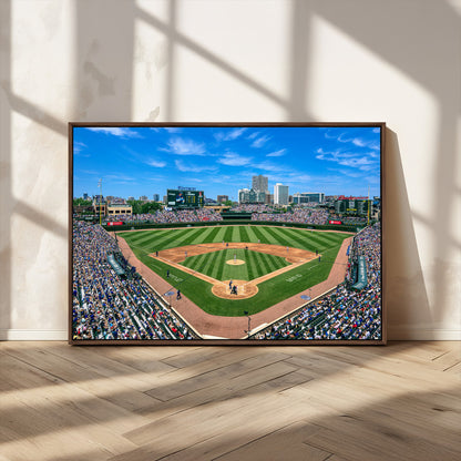 Wrigley Field Baseball Stadium Canvas Wall Art, Packed Crowd Sports Stadium Print, City Skyline Baseball Field Canvas for Game Room Decor