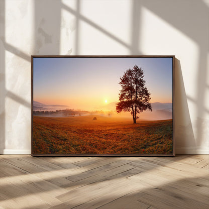 A tranquil landscape at sunrise with a mist-covered field and a lone tree, creating a peaceful and natural atmosphere.