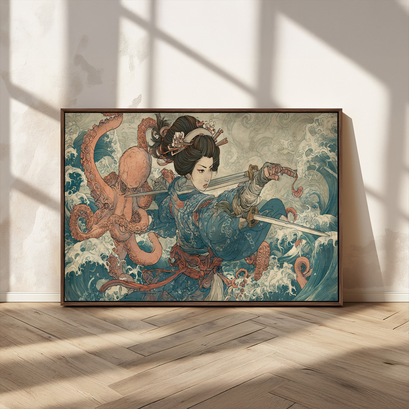 Tsukioka Yoshitoshi Samurai Wall Art Print, Japanese Katana Warrior Canvas Wall Art, Octopus Sea Monster Canvas Print,