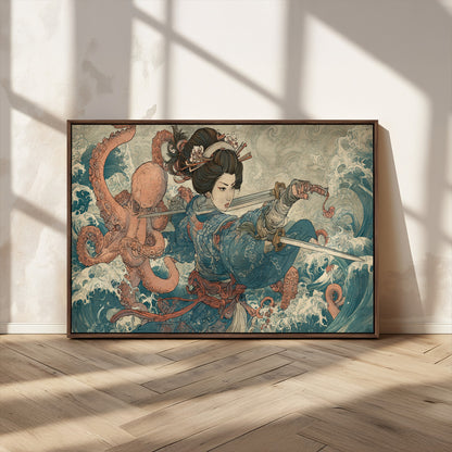 Tsukioka Yoshitoshi Samurai Wall Art Print, Japanese Katana Warrior Canvas Wall Art, Octopus Sea Monster Canvas Print,